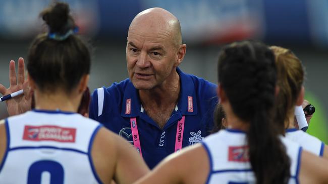 Darren Crocker, Head Coach of the Kangaroos addresses the player during the round five AFLW match between the North Melbourne Kangaroos and the Carlton Blues at University of Tasmania Stadium on February 27, 2021 in Launceston, Australia. (Photo by Steve Bell/Getty Images)