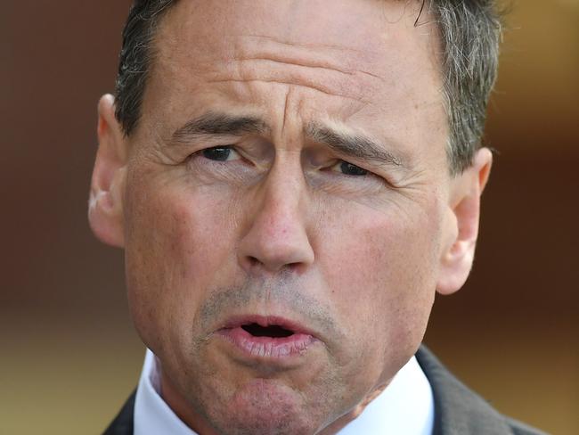 Health minister Greg Hunt addresses the media during a press conference in Frankston, Melbourne, Wednesday, May 6, 2020. Lifeblood has announced it will start collecting convalescent plasma to aid the fight against COVID-19. (AAP Image/James Ross) NO ARCHIVING