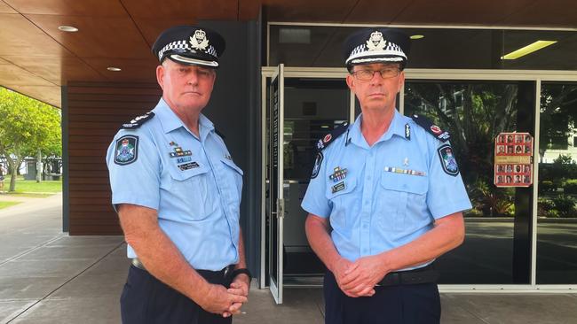 Assistant Commissioner Brett Schafferius and Assistant Chief Superintendent Rhys Newton at the launch of Operation Uniform Theta in Cairns. Police Minister Mark Ryan promised "more boots on the ground" will help keep FNQ communities safer. Picture: Alison Paterson