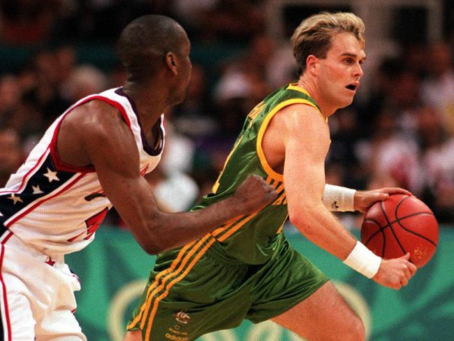 Shane Heal with Gary Payton during Australia v USA at Atlanta 1996.