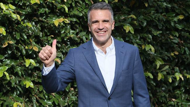 Premier-elect Peter Malinauskas outside his home on Sunday morning. Picture: Emma Brasier.