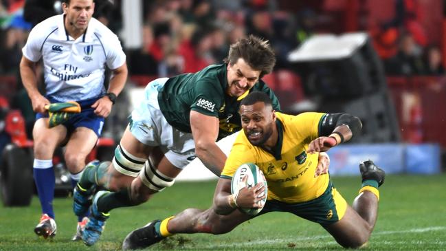 Samu Kerevi of Australia tackled by Eben Etzebeth of the Springboks. Picture: Lee Warren/Gallo Images/Getty Images