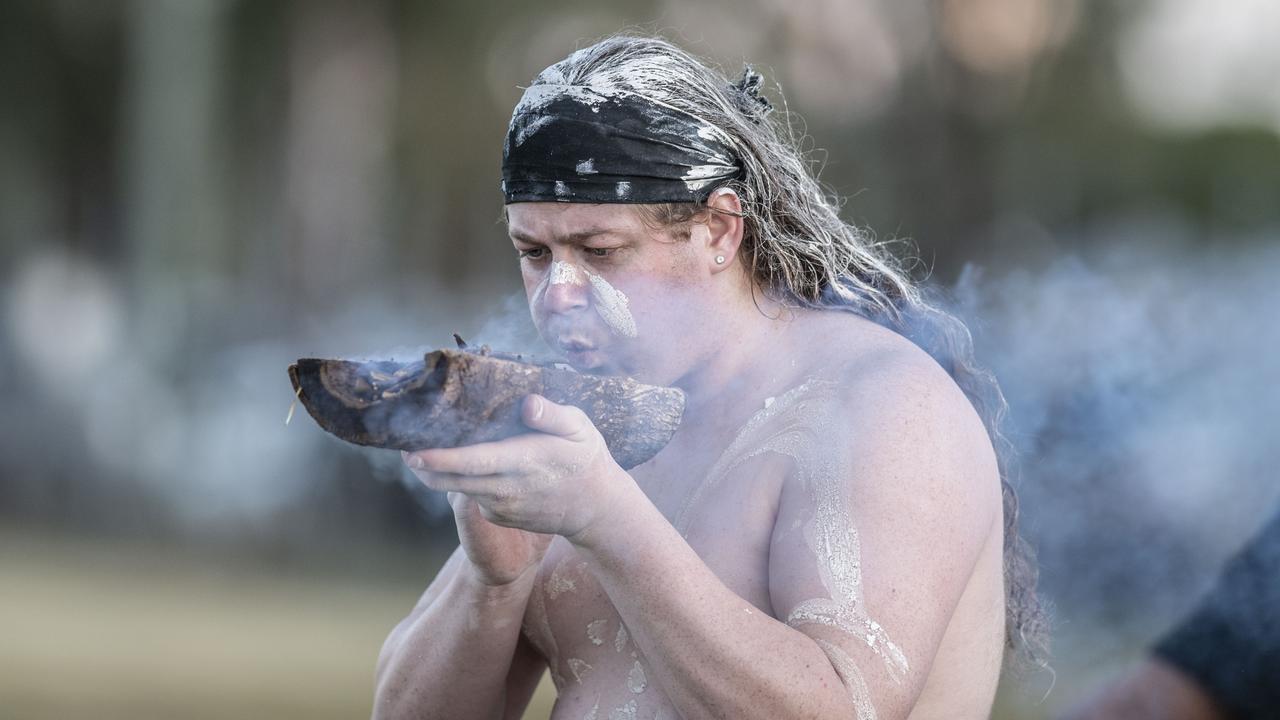 Jacob White takes part in the smoking ceremony and dance by Murabirigururu Aboriginal Dancers. 2023 TRL Cultural Cup, SW Qld Emus vs Pacific Nations Toowoomba. Saturday, February 25, 2023. Picture: Nev Madsen.