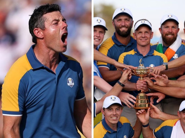 Rory McIlroy celebrates Europe's big Ryder Cup win.