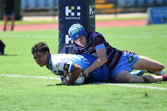 Ira Yeatman scores a try for the Northern Pride during the 2023 Connell Cup season. Picture Emily Barker.