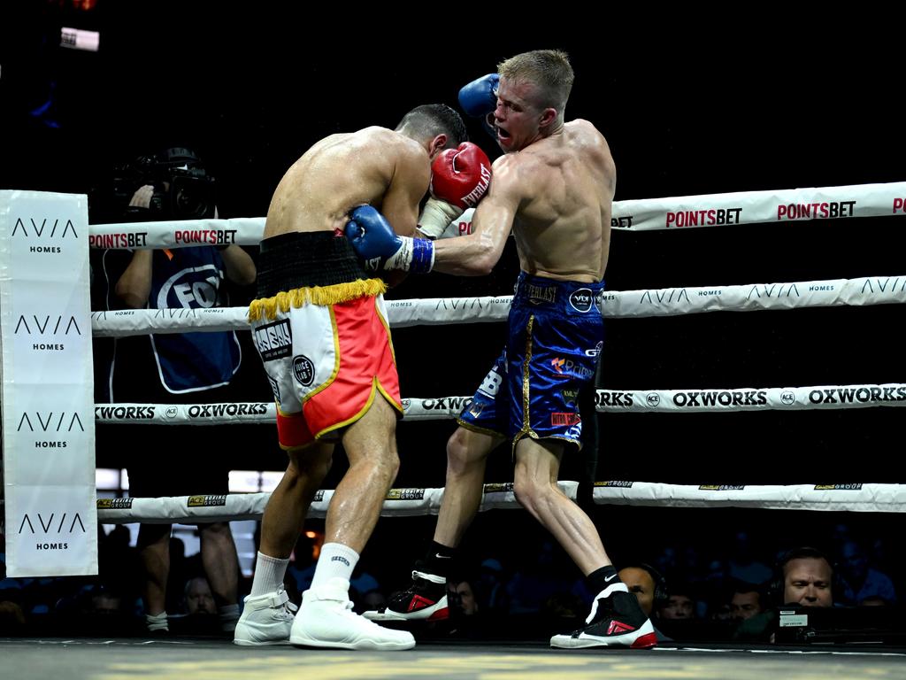 Action from the Liam Wilson v Youssef Dib bout in Brisbane. Picture: Scott Davis / Ace Boxing