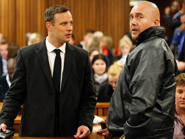 Oscar Pistorius, accused of the murder of his girlfriend Reeva Steenkamp in court today. Picture: AFP