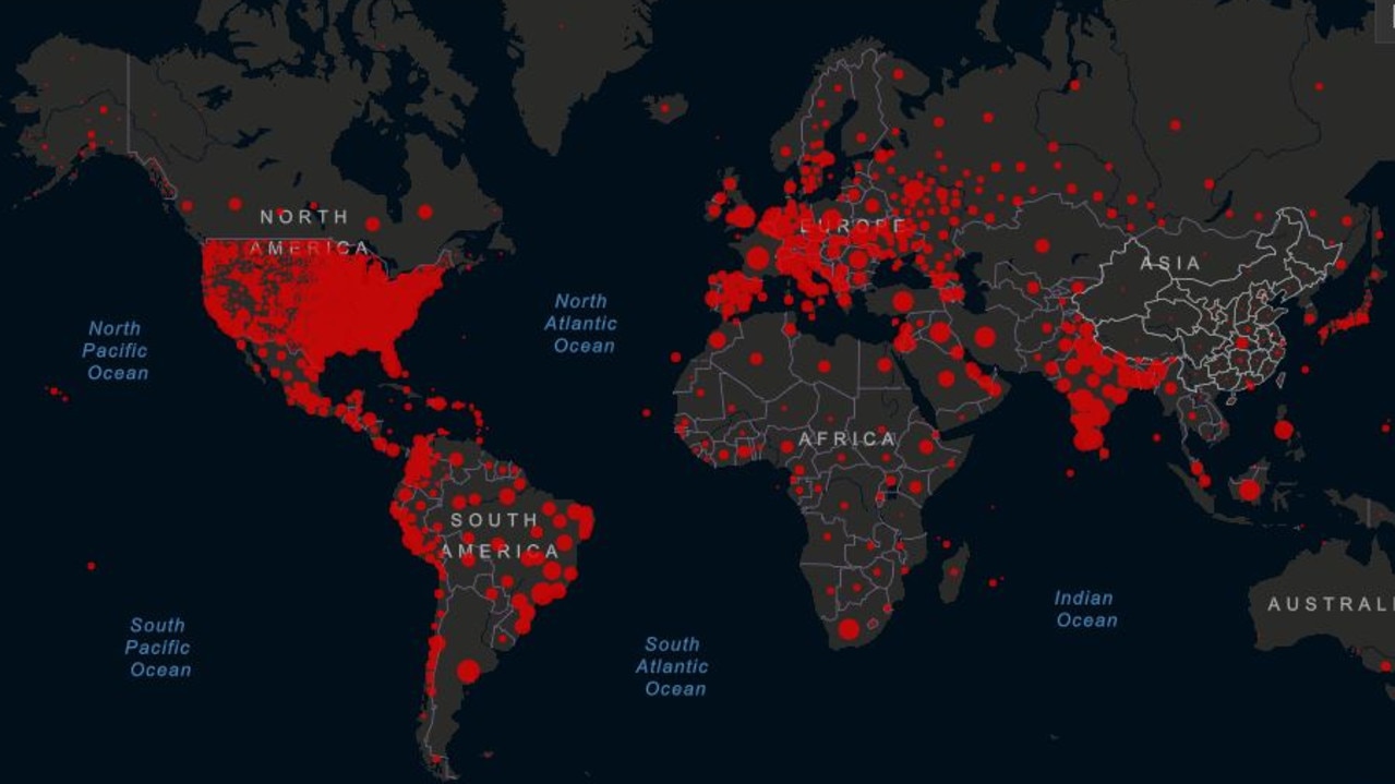 Coronavirus cases around the globe. Picture: Johns Hopkins University