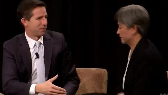 Penny Wong refuses to shake hands with Simon Birmingham at the conclusion of an election debate at the South Australian Press Club in Adelaide. Picture: ABC