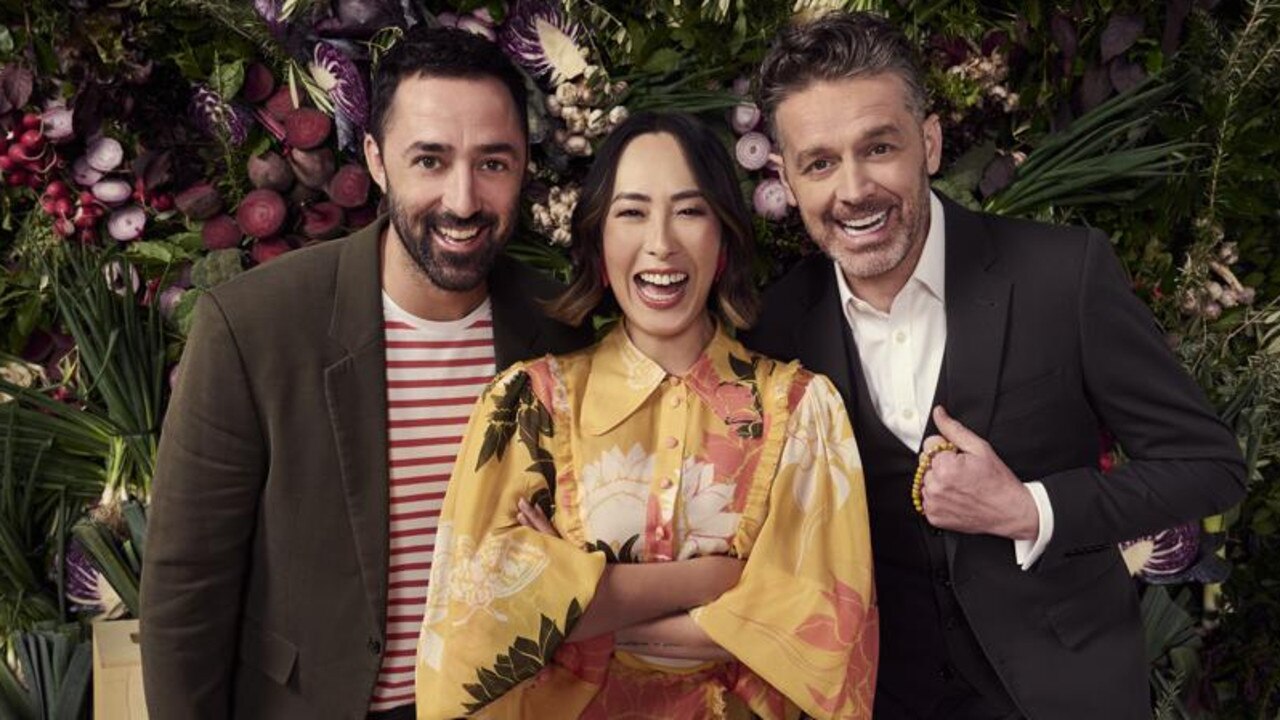 MasterChef judges Andy Allen, Melissa Leong and Jock Zonfrillo with his worry beads. Picture: Ten