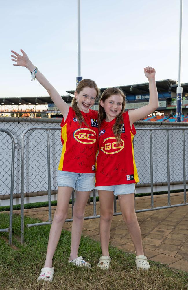 Charli and Mia at the Gold Coast Suns v Hawthorn AFL match at TIO Stadium. Picture: Pema Tamang Pakhrin