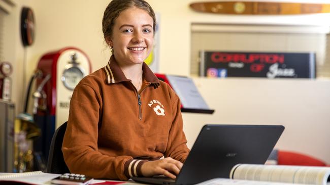 Sandgate District State High School Year 12 student Amy Kubler starts Term 2 with home-based learning. Picture: Richard Walker