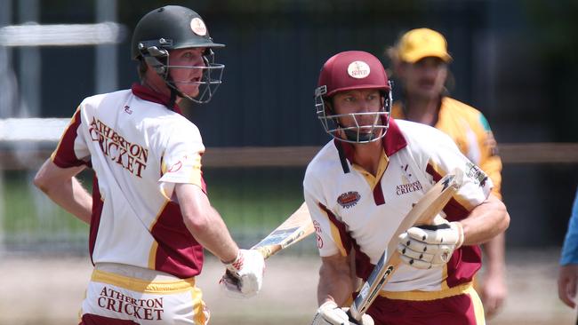 Chris Adams and Dan Parnell partnered for Atherton in the Cricket Far North match between Norths and Atherton at Griffiths Park, Manunda. Picture: Brendan Radke