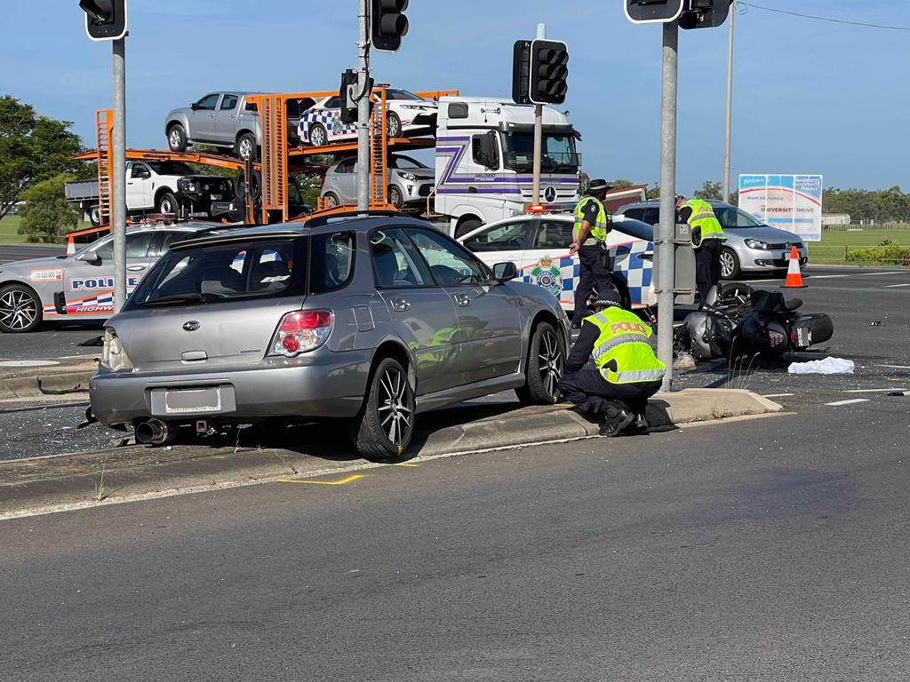 The scene of a serious crash at Bundaberg in which a motorcyclist has been critically injured.