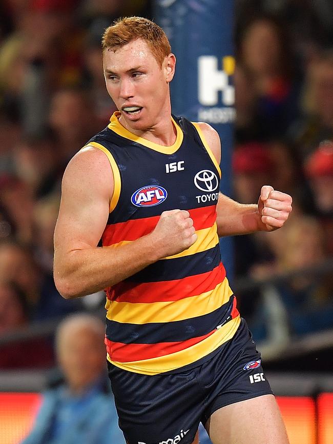 Tom Lynch of the Crows celebrates after kicking a goal against the Suns at Adelaide Oval in April. Picture: Daniel Kalisz/Getty Images