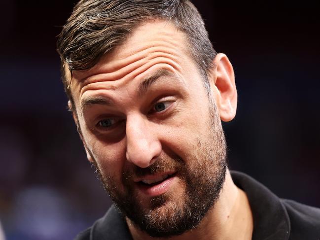 SYDNEY, AUSTRALIA - OCTOBER 08: Andrew Bogut talks to people court side during the round two NBL match between Sydney Kings and Adelaide 36ers at Qudos Bank Arena, on October 08, 2023, in Sydney, Australia. (Photo by Mark Kolbe/Getty Images)