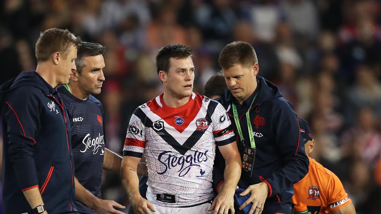 Roosters Luke Keary leaves the field after a head knock during the Sydney Roosters v Newcastle Knights NRL match at McDonald Jones Stadium, Newcastle. Picture: Brett Costello