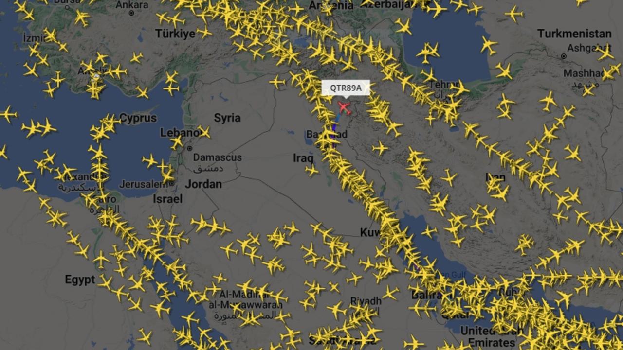 Flight radar image shows most airlines are avoiding the airspace over Israel with the exception of local carriers. Picture: Flightradar24