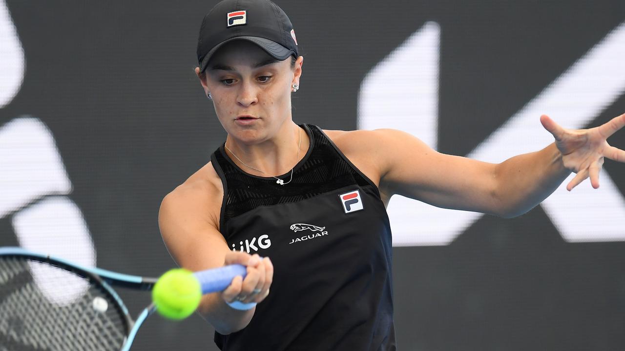 Ashleigh Barty hits a forehand during her match against Elena Rybakina in the Adelaide International final. Picture: Getty Images