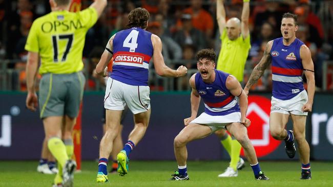 Tom Liberatore celebrates as the final siren sounds during the 2016 AFL First Preliminary Final match between the GWS Giants and the Western Bulldogs. Picture: Michael Willson/AFL Media/Getty Images