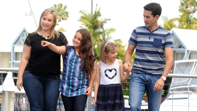 David Crisafulli with his wife Tegan and kids Georgia and Nicola at Sanctuary Cove. Picture: John Gass