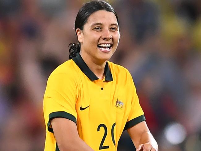 TOWNSVILLE, AUSTRALIA - APRIL 08: Sam Kerr of Australia celebrates at the final whistle during the International Women's match between the Australia Matildas and the New Zealand Football Ferns at Queensland Country Bank Stadium on April 08, 2022 in Townsville, Australia. (Photo by Albert Perez/Getty Images)