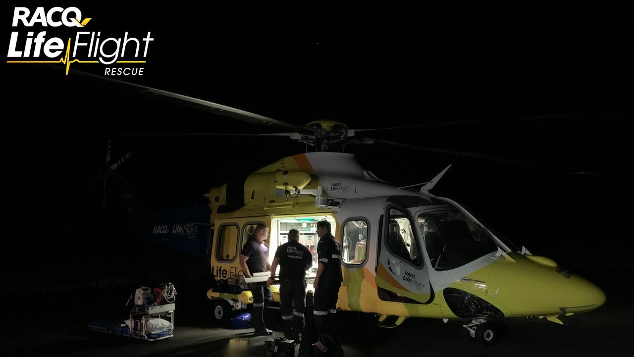 Two female patients were transported to Toowoomba Hospital for suspected spinal injuries after a single-vehicle rollover in Wieambilla. Picture: LifeFlight.