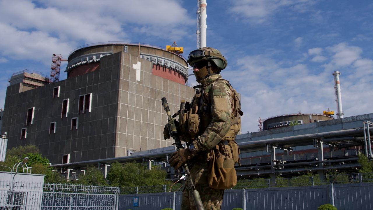 A Russian serviceman patrols the territory of the Zaporizhzhia Nuclear Power Station. Picture: Andrey Borodulin/AFP