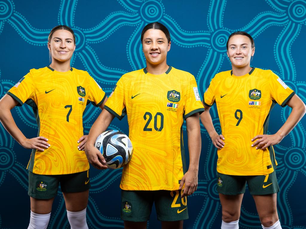 BRISBANE, AUSTRALIA - JULY 17: (L-R) Steph Catley, Sam Kerr and Caitlin Foord of Australia pose for a portrait during the official FIFA Women's World Cup Australia & New Zealand 2023 portrait session on July 17, 2023 in Brisbane, Australia. (Photo by Chris Hyde - FIFA/FIFA via Getty Images)