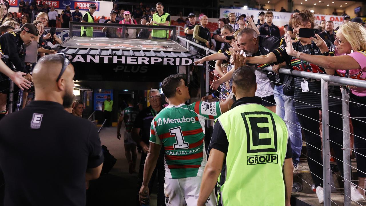 PENRITH, AUSTRALIA - MARCH 09: Latrell Mitchell of the Rabbitohs interacts with fans as he walks down the tunnel at the end of the round two NRL match between the Penrith Panthers and the South Sydney Rabbitohs at BlueBet Stadium on March 09, 2023 in Penrith, Australia. (Photo by Cameron Spencer/Getty Images)