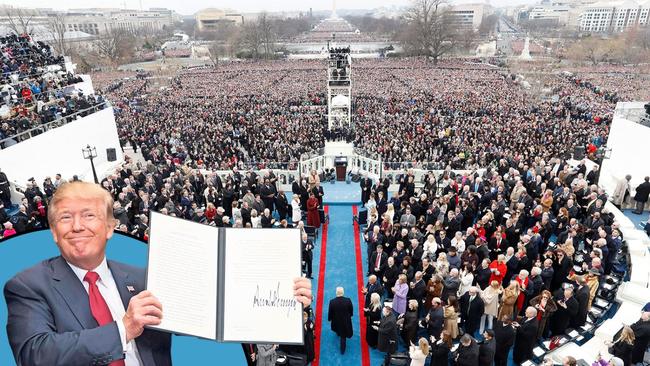 Eight years after that first inauguration and four years after his successor’s, which he boycotted, Donald Trump is back. Picture montage: The Times