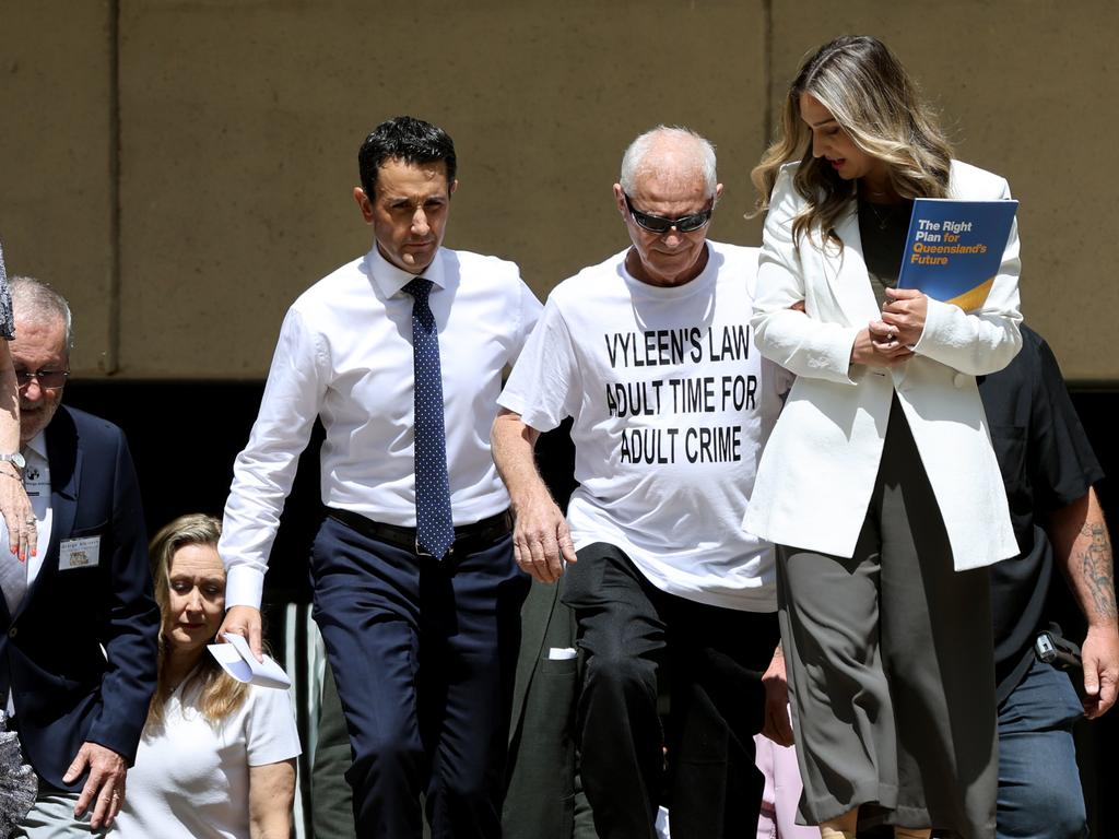 Queensland LNP leader David Crisafulli with victim of crime Victor White in Brisbane today. Picture: David Clark