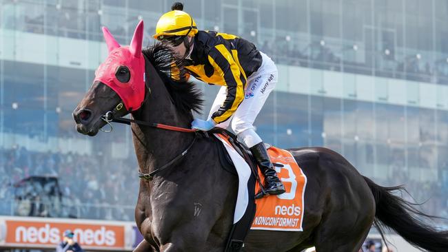 Nonconformist won’t take his place in Saturday’s Caulfield Cup field after presenting with lameness in his right hind leg. Picture: Scott Barbour / Racing Photos