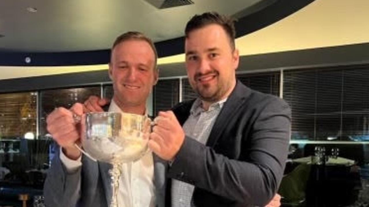 Tijuana’s managing owner Jarred Magnabosco with trainer JD Hayes and the Stutt Stakes trophy. Picture: Supplied