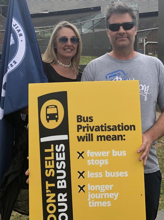 Members of the northern beaches community joined the Mona Vale rally opposed to the contracting out of bus services. Picture: Rail, Tram and Bus Union