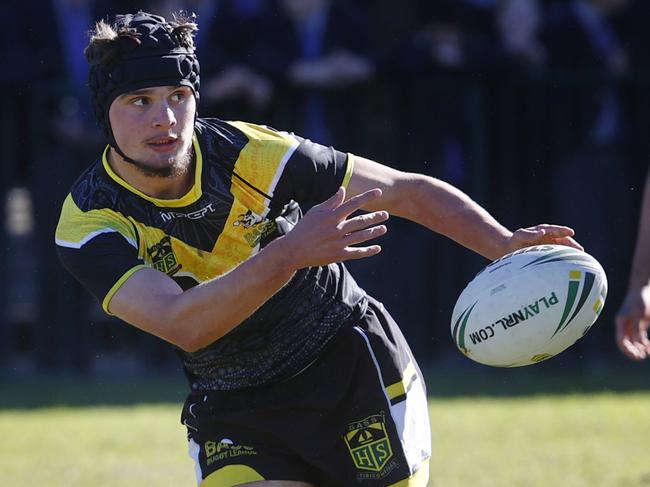 DAILY TELEGRAPH 8TH JUNE 2022Pictured is Jack Branda from Bass High passing the ball during Bass Highs 32-12 loss in their pool game against St Dominic's College in the 2022 NSW Schoolboy Cup.Picture: Richard Dobson