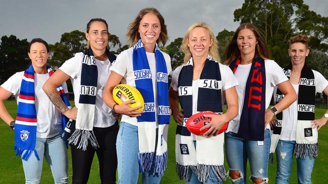 Western Bulldogs’ Brooke Lochland, Carlton’s Kirby Bentley, North Melbourne’s Kaitlyn Ashmore, Geelong’s Renee Garing, Melbourne’s Kate Hore and Collingwood’s Emma Grant. Picture: Nicki Connolly.