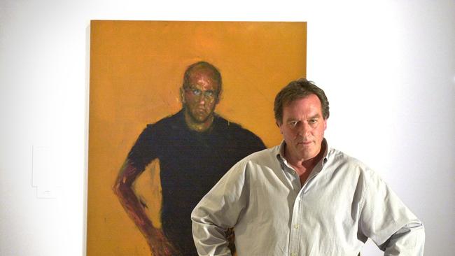 Artist Geoffrey Dyer stands in front of his portrait of author Richard Flanagan at the Art Gallery of NSW 21/03/03 after painting named winner of Archibald Prize. Pic Alan Pryke.