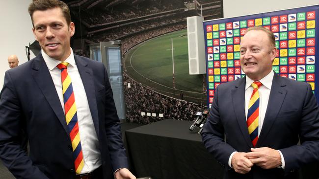 Adelaide’s on-field woes will increase the questions of where the Adelaide Football Club’s administration — led by chief executive Andrew Fagan, left, and chairman Rob Chapman — have had their focus. Picture: Kelly Barnes