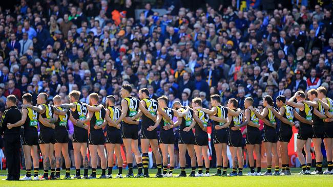 Richmond line up for the anthem during the 2019 AFL grand final at the MCG. Picture: Mark Stewart