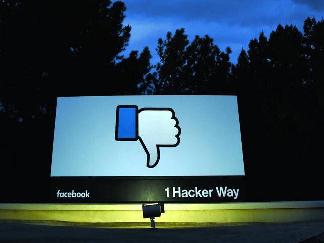 A lit sign is seen at the entrance to Facebook's corporate headquarters location in Menlo Park, California on March 21, 2018. Picture: Josh Edelson
                        <a capiid="95cf031771fca26020a88472d24425be" class="capi-video">Facebook and Google have been put on notice</a>