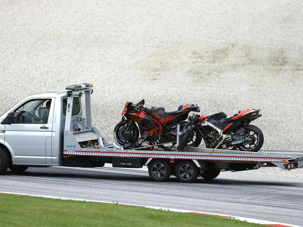 The motorbikes of Aprilia Italian rider Lorenzo Savadori and KTM Spanish rider Dani Pedrosa.