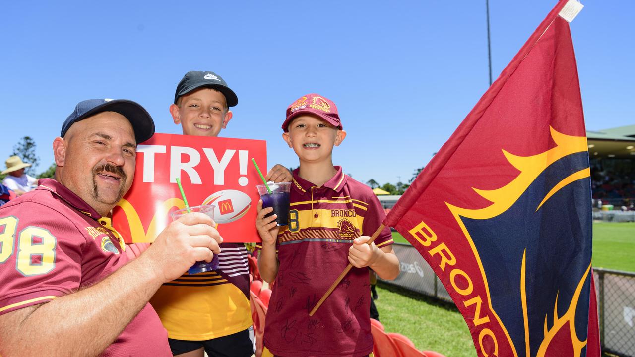 Backing the Broncos are (from left) Damian Spence, Isaac Kisiel and Declan Spence at the NRL Pre-Season Challenge game between Broncos and Titans at Toowoomba Sports Ground, Sunday, February 16, 2025. Picture: Kevin Farmer