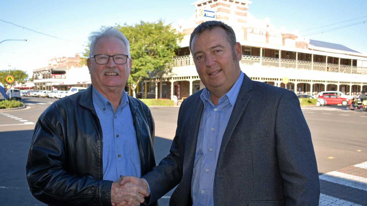 TAKING ACTION: Paul Masson from the Yuleba Development Group with Mayor Tyson Golder in Roma. Picture: Joshua Macree