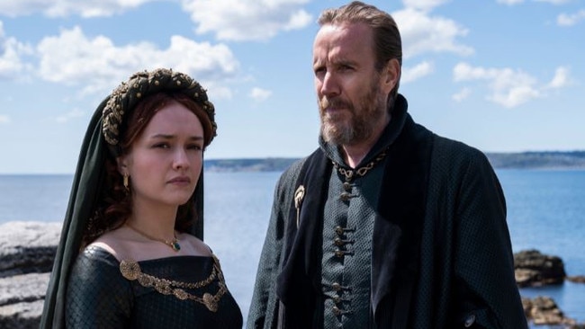 Olivia Cooke as Lady Alicent Hightower and Rhys Ifans as Ser Otto Hightower in House of the Dragon, the Game of Thrones prequel. Picture: HBO