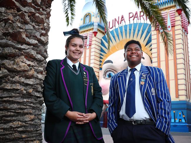 6/9/18: Ella Rigney from Seymour College andJoe Franciscus from Saint JosephÕs Nudgee College at the graduation ceremony at Luna Park in Sydney. About 70 indigenous students who were recipients of scholarships of the Australian Indigenous Education Foundation are attending. John Feder/The Australian.