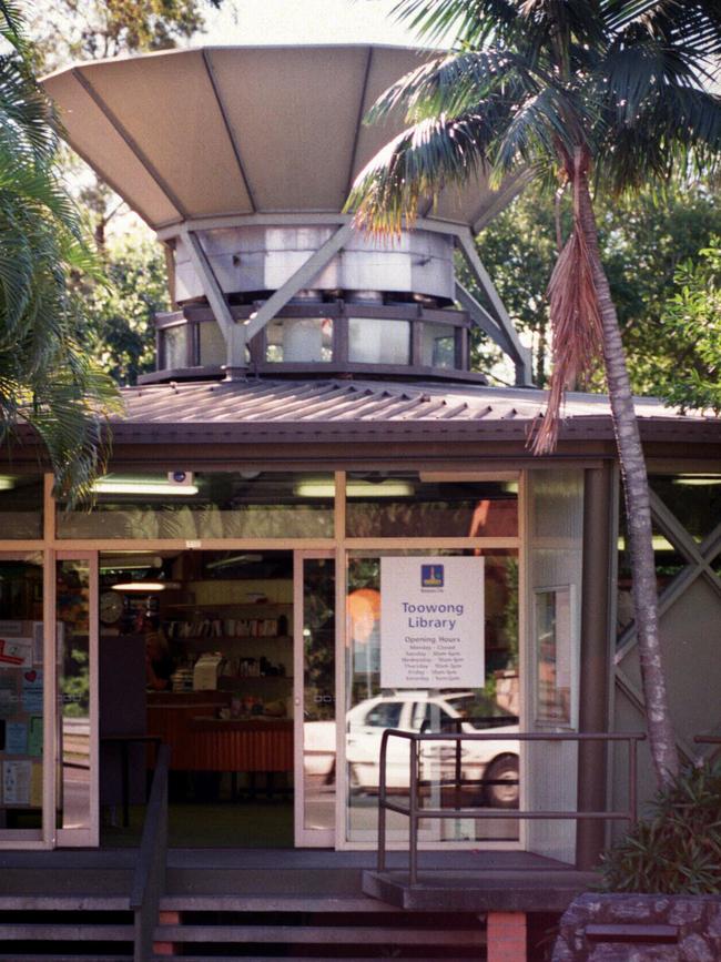 The former Toowong Municipal Library showing the funnel-shaped structure added to conceal an airconditioning plant.