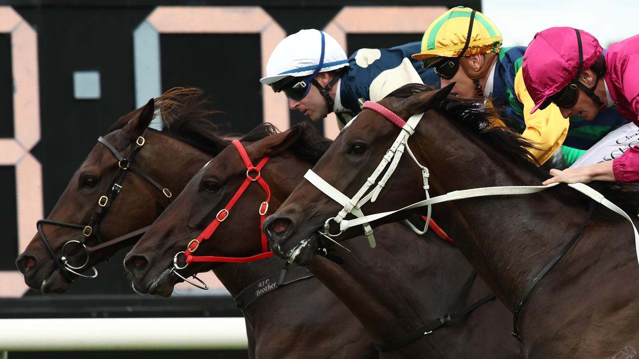 Gringotts (rails) wins a thriller from Fangirl (right) and Ceolwulf in the Group 1 George Ryder Stakes at Rosehill. Picture: Getty Images