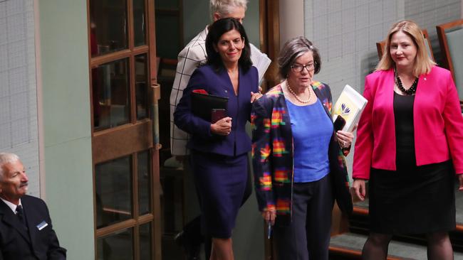 Julia Banks entering the chamber with Kerryn Phelps, Cathy McGowan and Rebekha Sharkie. Picture: Gary Ramage