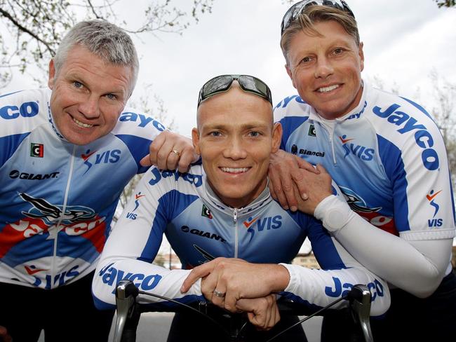 Frawley, Michael Klim and Michael Roberts prepare for the Herald Sun Tour celebrity race.